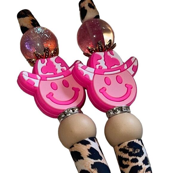 Happy face emoji leopard print cowboy hat beaded pen handmade Galaxy glitter bli - Picture 2 of 7